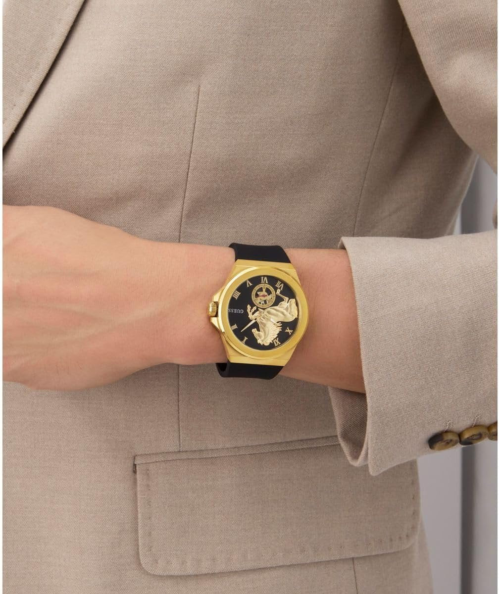 Guess Analoguhr Herren Vinyl 44mm 3ATM / Limited Edition Lunar New Year Black Gold Tone Analog Watch Schwarz Gold GW0979G1