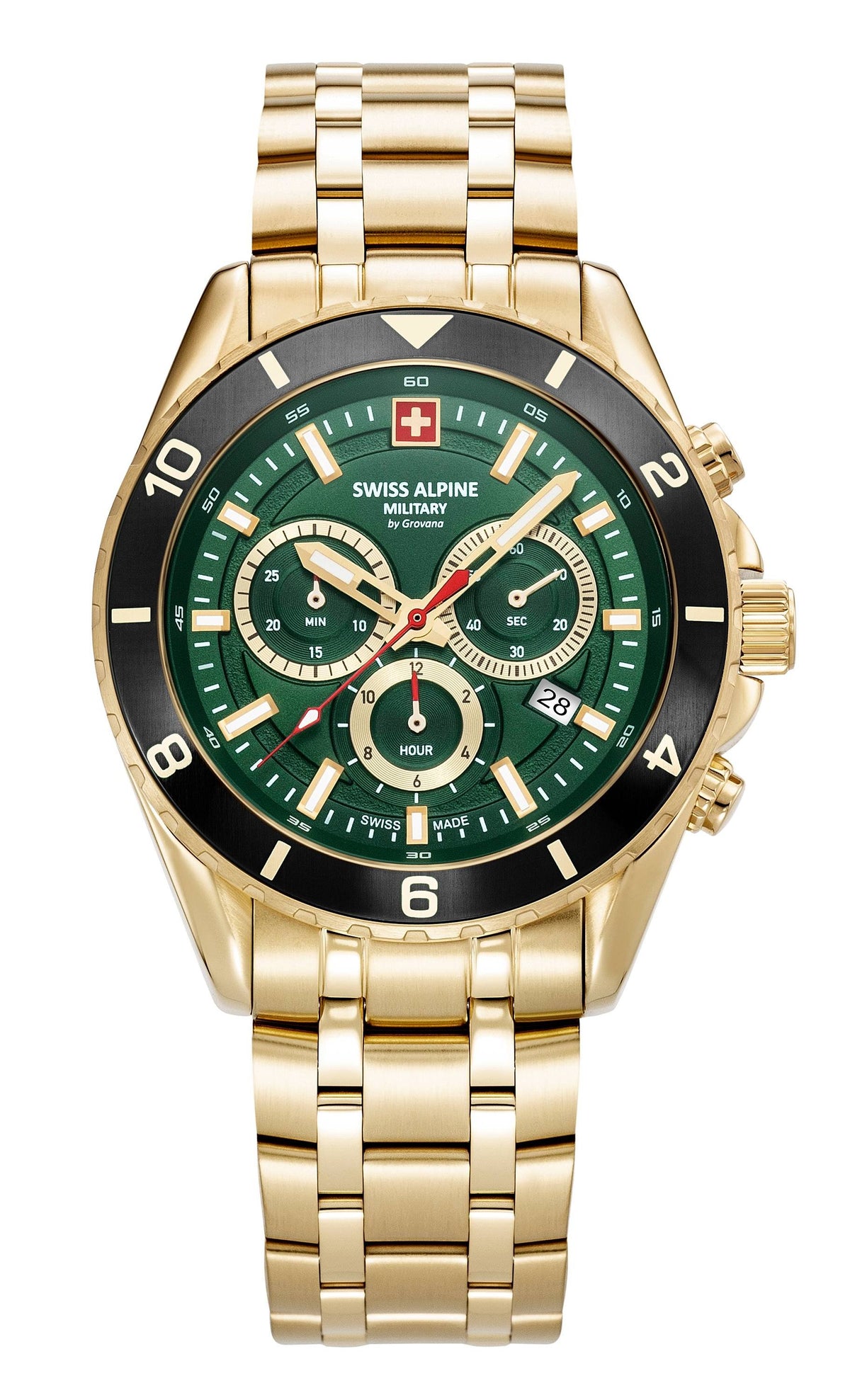 Swiss Alpine Military 7034.9118 Sierra Chrono Herrenuhr - Edelstahlgehäuse in Gold mit grünem Ziffernblatt 7034.9118