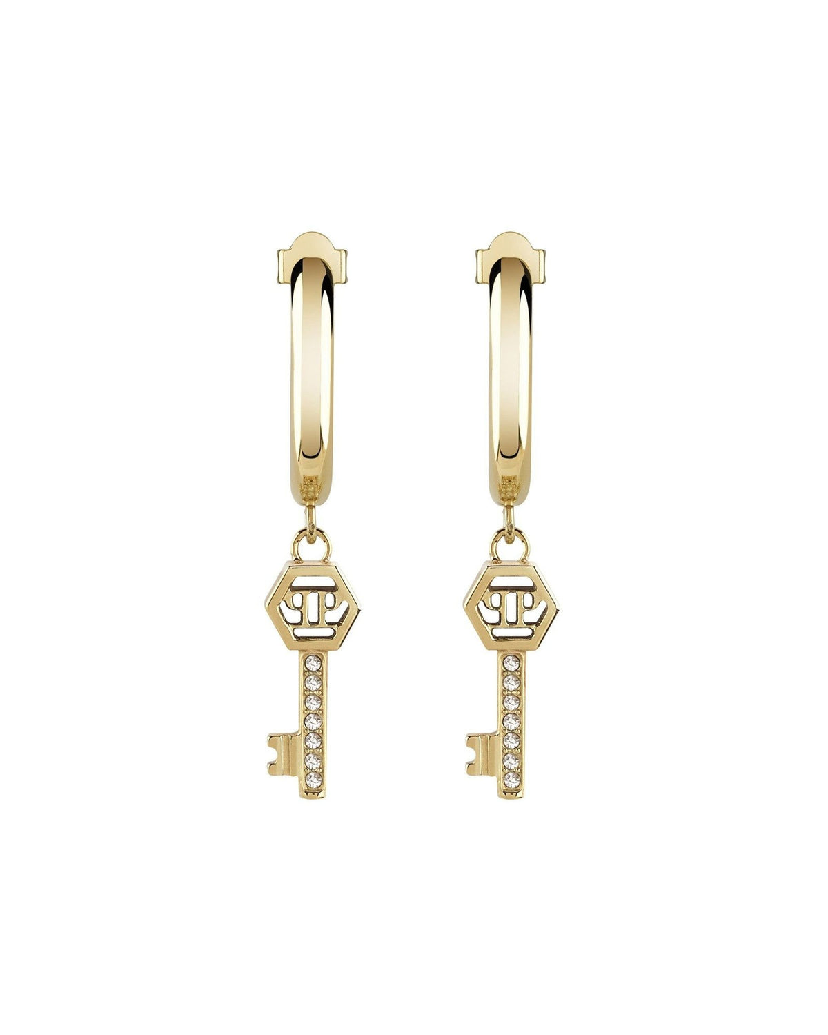 Philipp Plein Damen LADY VALENTINE IP Yellow Gold White Crystals Key Hoop Earrings PJHGA21EU
