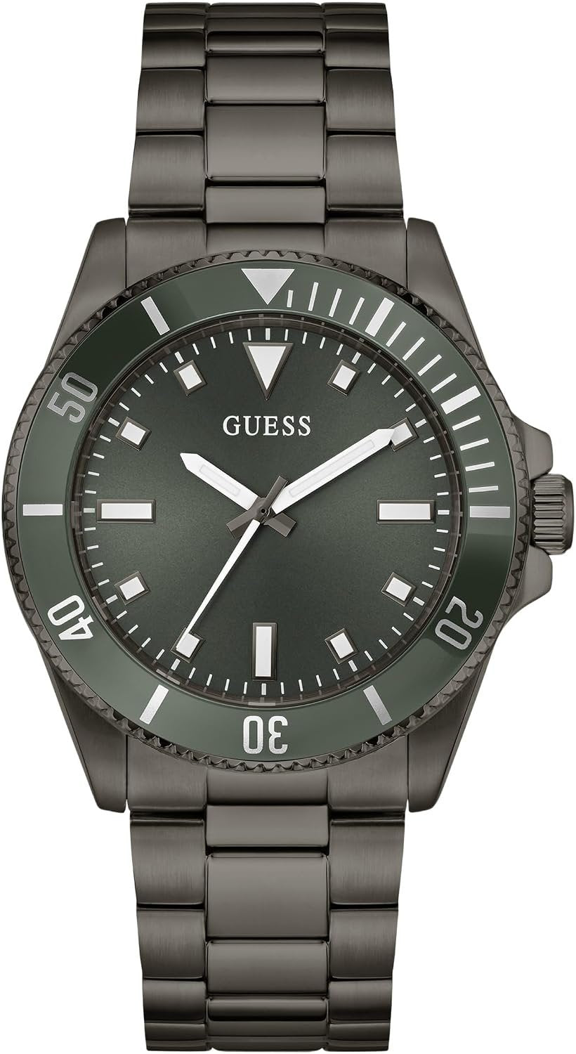 GUESS Armbanduhr Herren Dark Silver-Tone and Green Analog Watch Gunmetal Grün GW0968G3