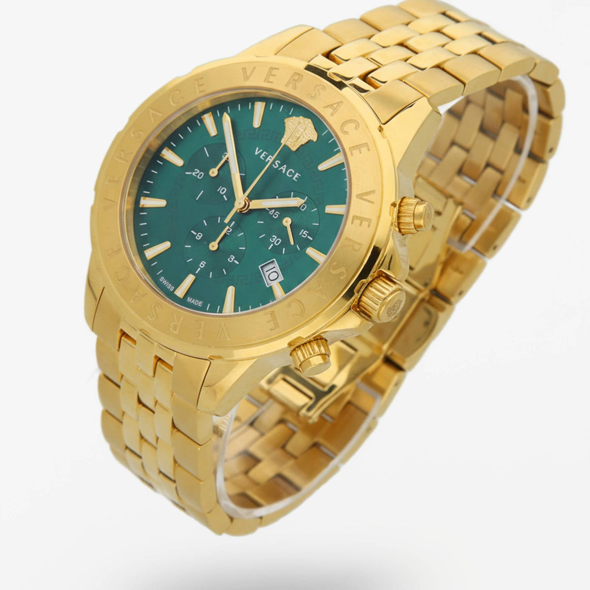 Versace Herren Chronograph Signature Gold Stahl Grün Zifferblatt 44mm VEV600619