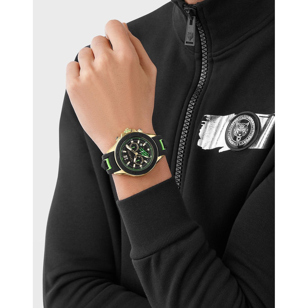 Plein Sport Herren Chronograph Warrior Tech PS6BA0424 Gold Grün Schwarz 47 mm