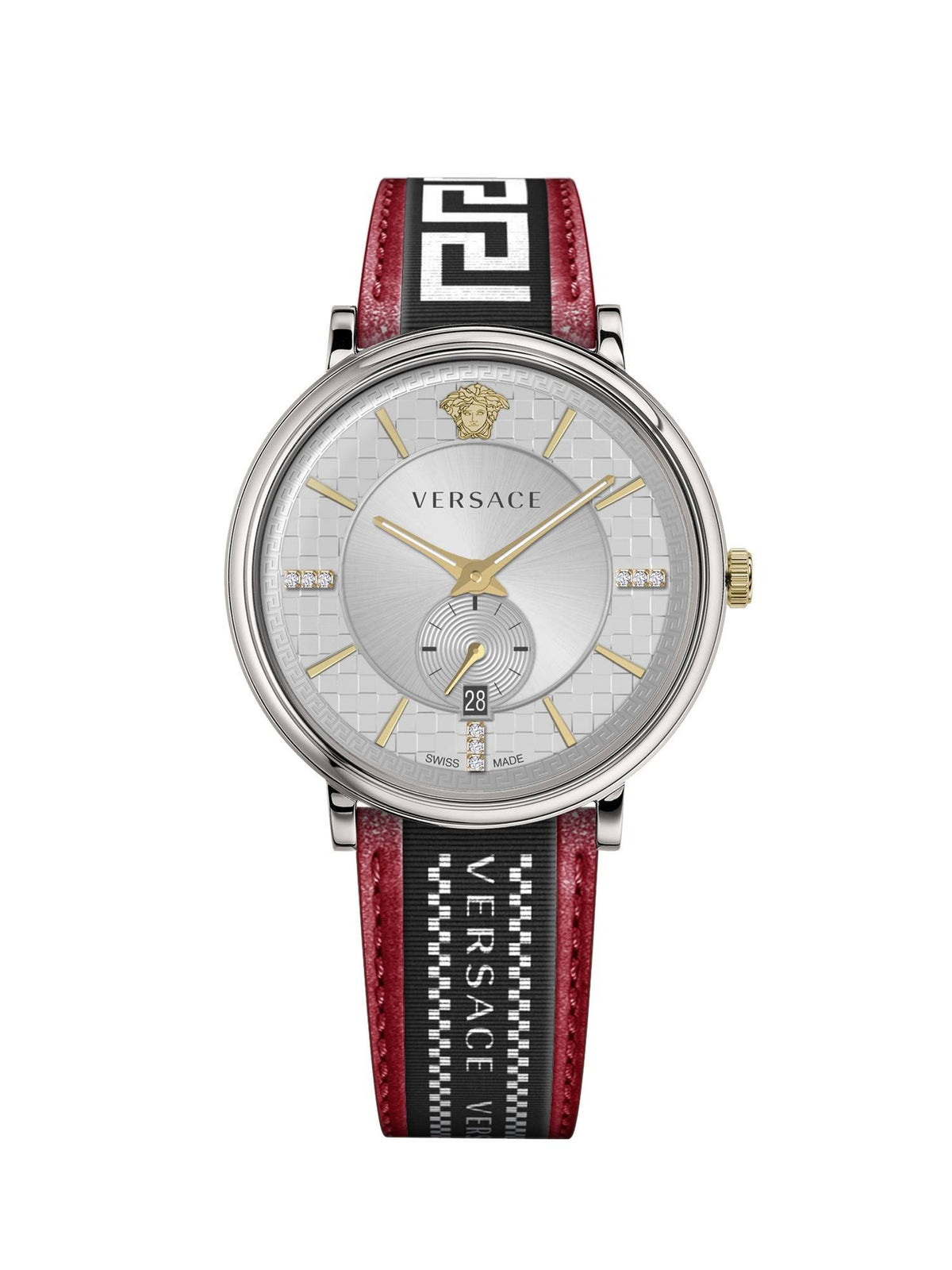 Versace Herren Armbanduhr V-circle 42 mm Multifunktionszifferblatt mit Datumsfenster Armband Leder, Stoff VEBQ01919