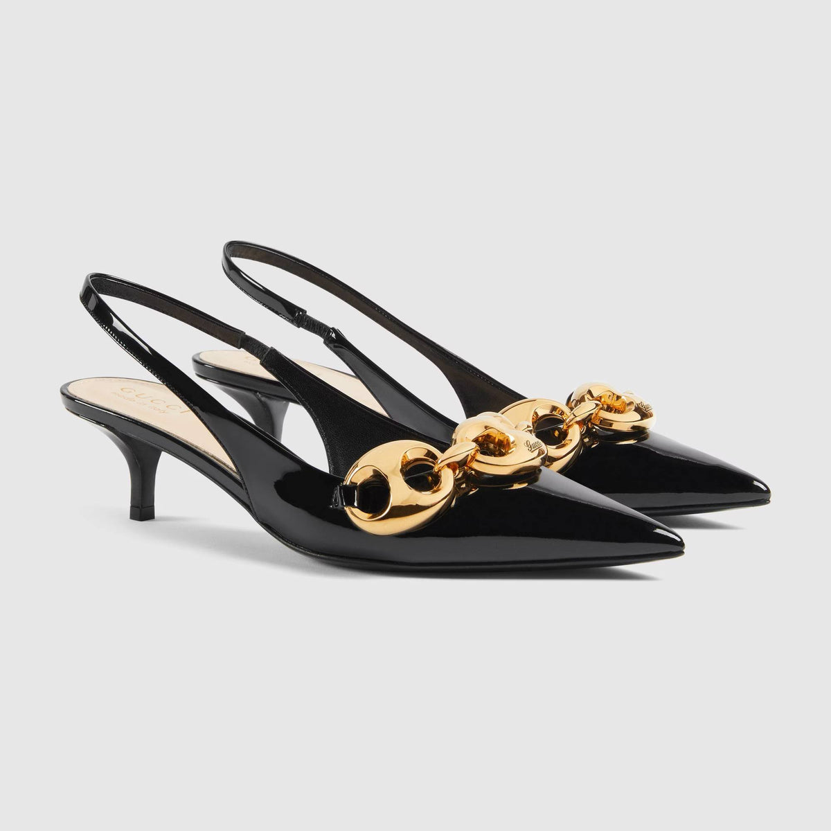 Gucci Damen Schuhe Marina 45 Slingback Pumps Schwarz Kette Nero 794372BNC801000