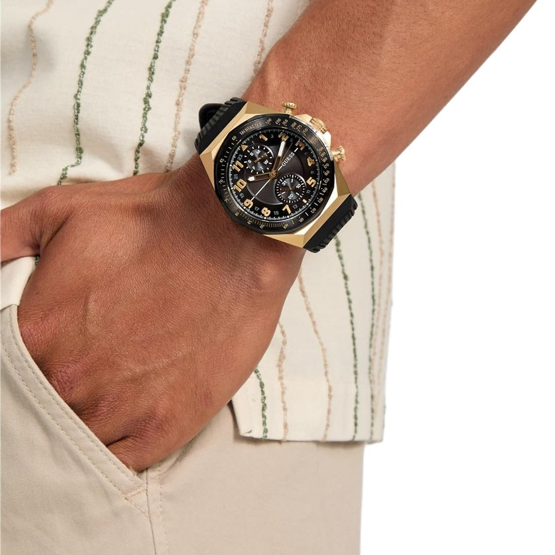 Guess Armbanduhr Herren D1 Multifunktion Bicolor Schwarz Gold GW0902G1