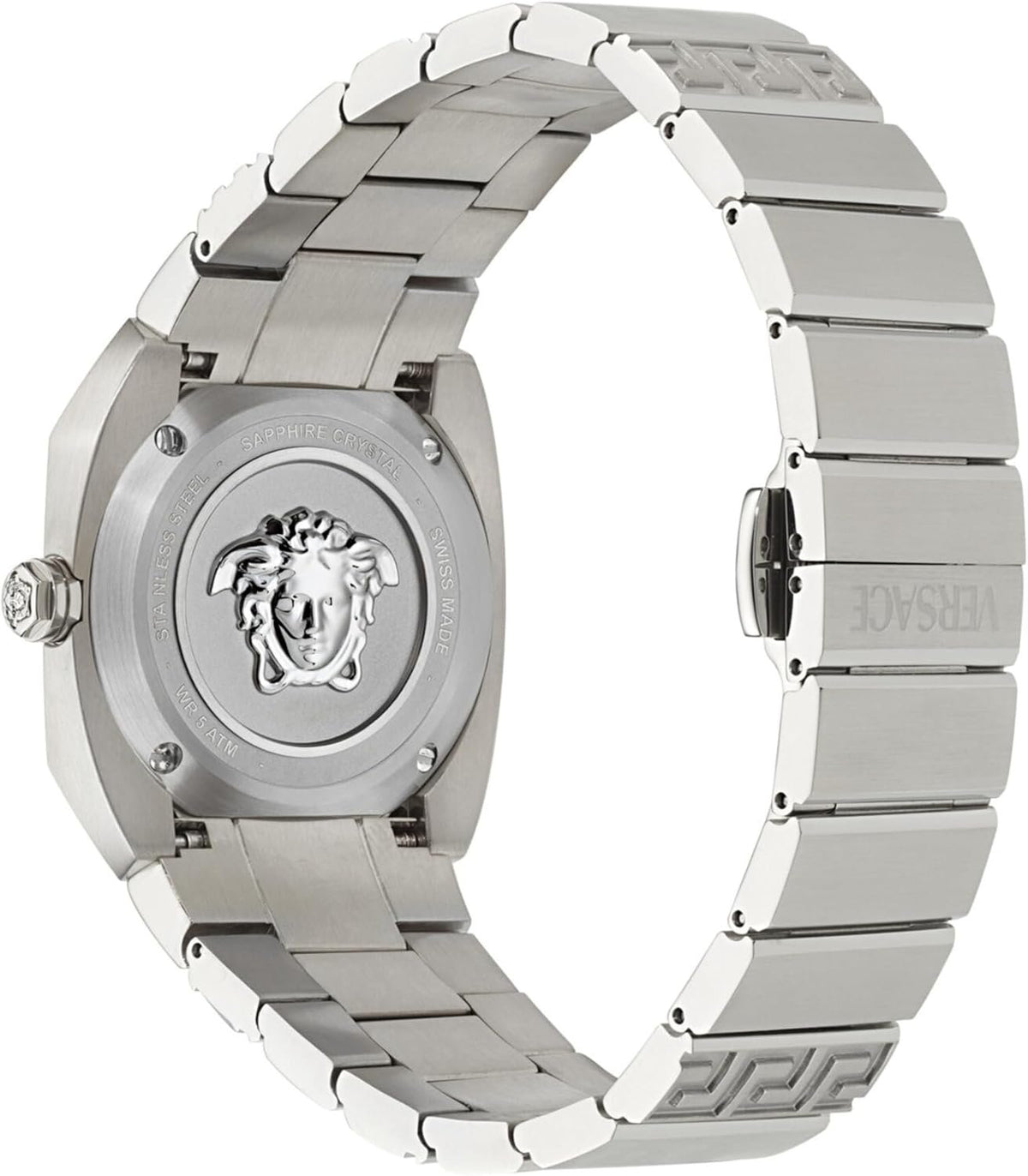 Versace Antares Damenuhr, Swiss Made Luxus-Designer-Uhr mit blauem, mattem Zifferblatt, 37 mm Edelstahlgehäuse, silbernes Armband, Faltschließe, 5 ATM