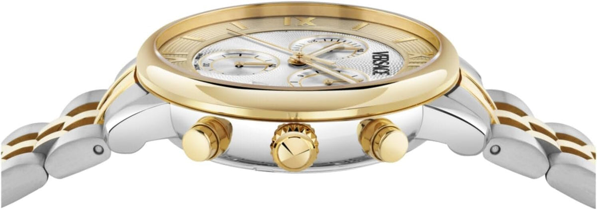 Versace Classic Round Chrono Collection Luxuriöse Damenuhr mit zweifarbigem Armband und silberfarbenem Zifferblatt