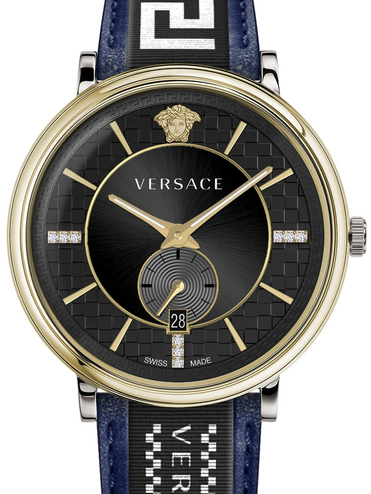 Versace Herren Armbanduhr V-circle 42 mm Multifunktionszifferblatt mit Datumsfenster Armband Leder, Stoff VEBQ02019