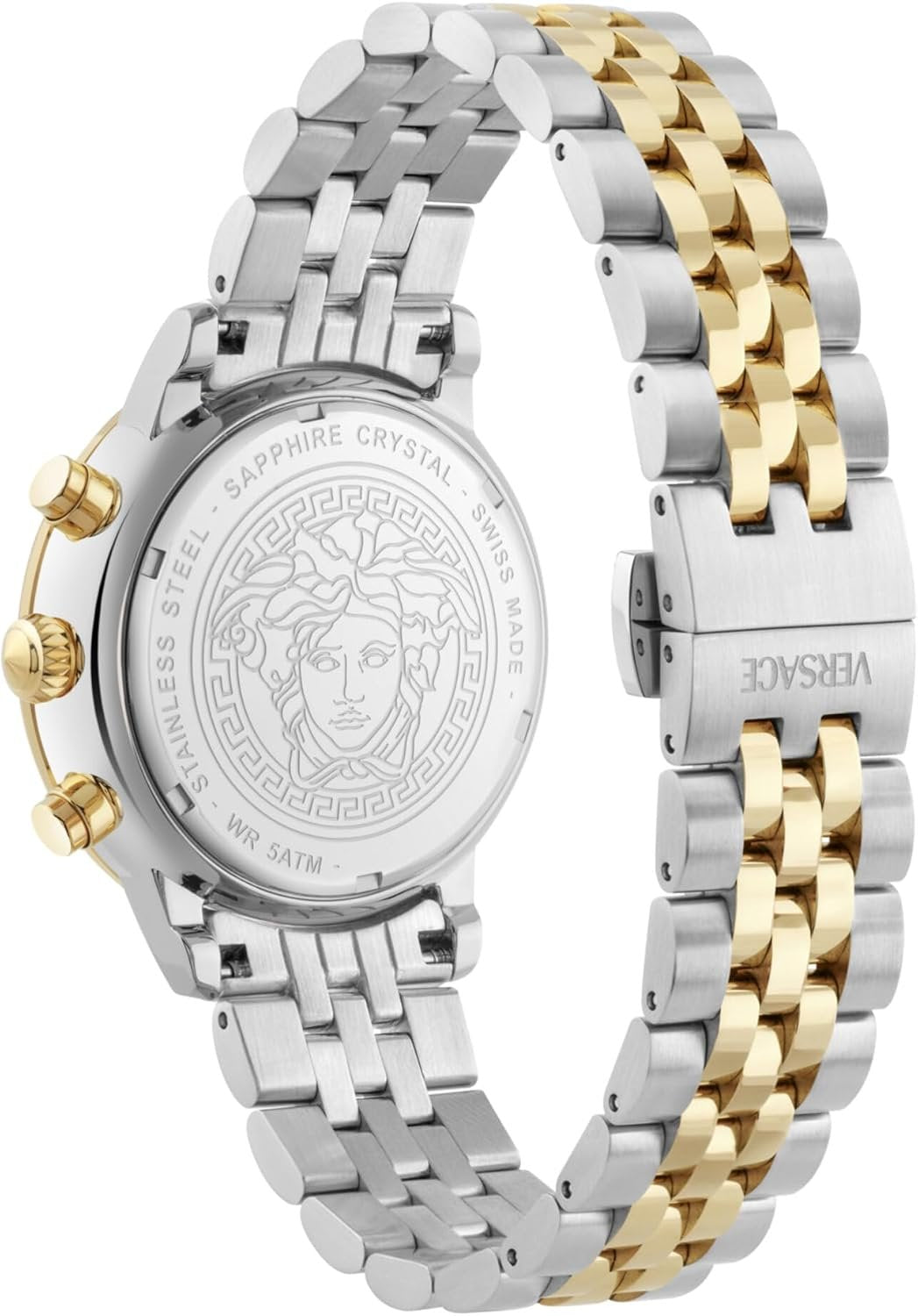 Versace Classic Round Chrono Collection Luxuriöse Damenuhr mit zweifarbigem Armband und silberfarbenem Zifferblatt