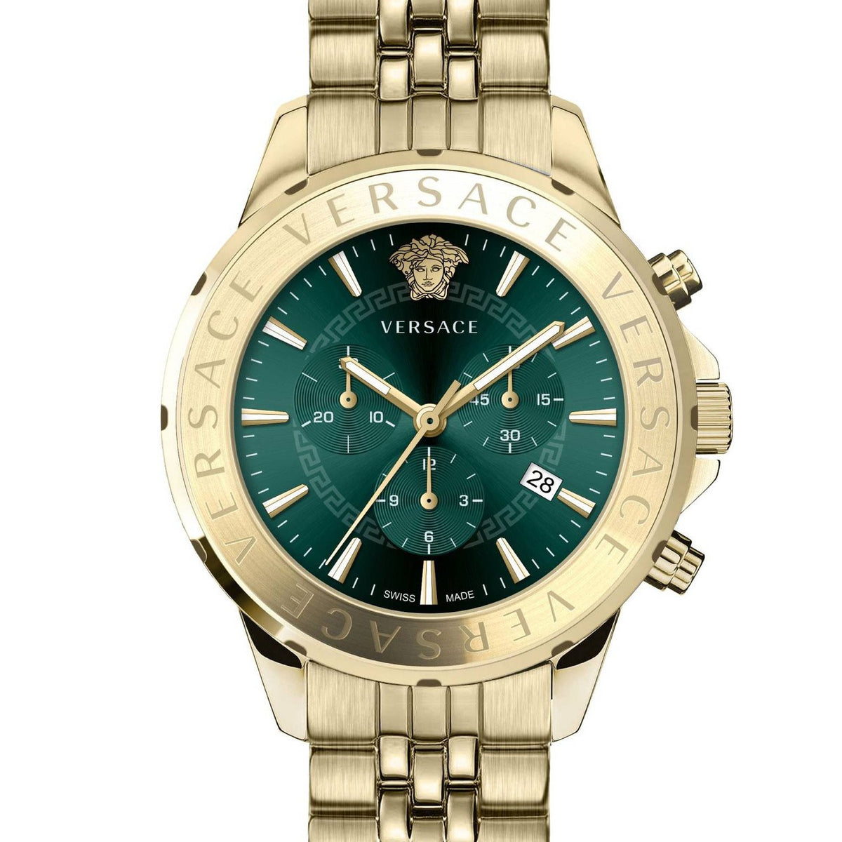 Versace Herren Chronograph Signature Gold Stahl Grün Zifferblatt 44mm VEV600619