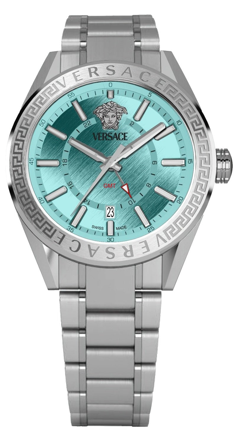 Versace Herren Armbanduhr V-Code GMT 42 mm Edelstahlgehäuse - hellblaues Ziffernblatt - Edelstahlarmband VEAFA0324