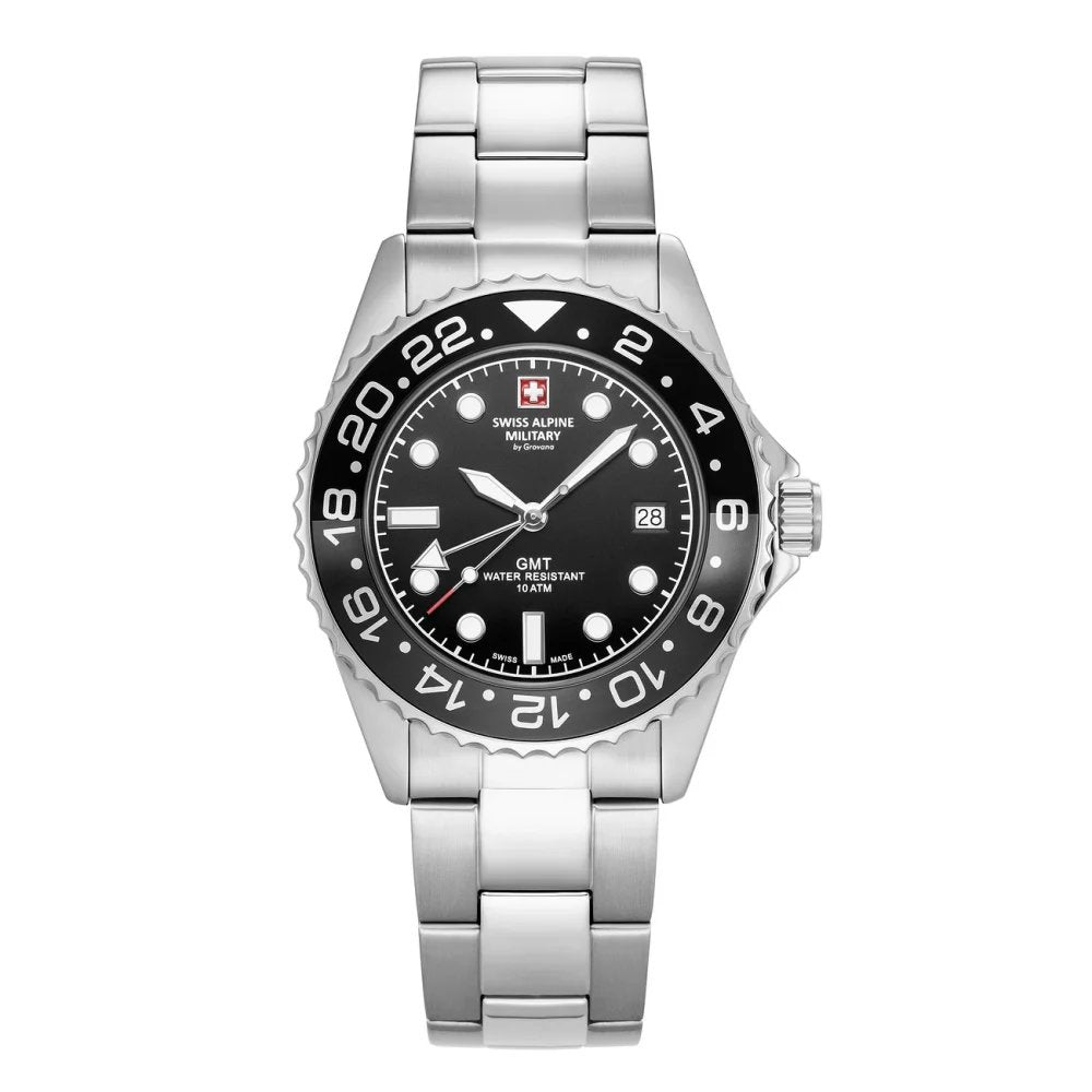 Swiss Alpine Military by Grovana Herrenuhr Nautilus GMT Silber Schwarz 7052.1122