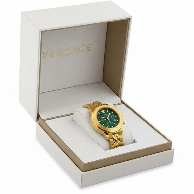 Versace Herren Chronograph Signature Gold Stahl Grün Zifferblatt 44mm VEV600619