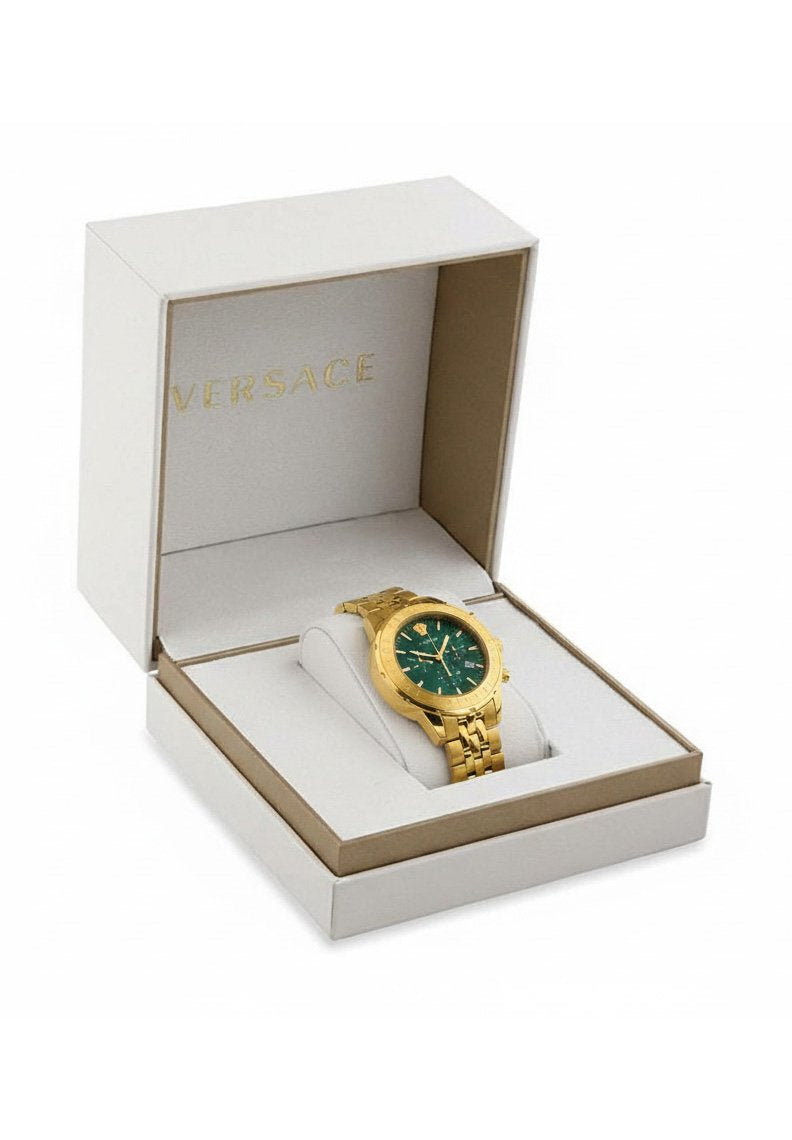 Versace Herren Chronograph Signature Gold Stahl Grün Zifferblatt 44mm VEV600619