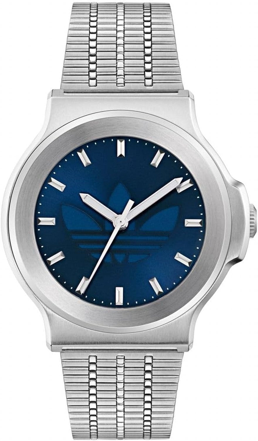 adidas Expression Three Unisex Armbanduhr, Quarz Analog, Edelstahl, 41 mm, Edelstahlarmband, Silber, 5 bar, Zifferblattfarbe: Blau, AOFH25505