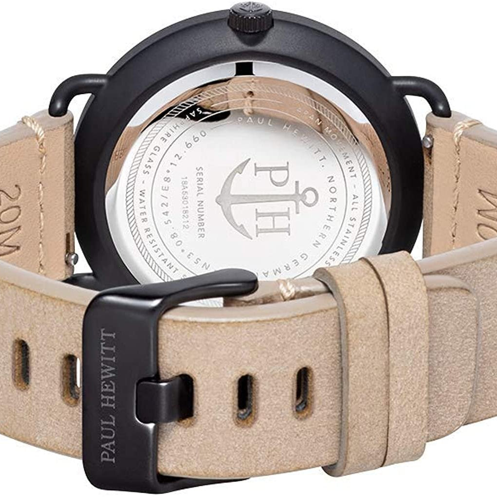 PAUL HEWITT Herren Armbanduhr Breakwater Black Sunray Lederarmband Sandfarben PH-BW-BGM-BS-56