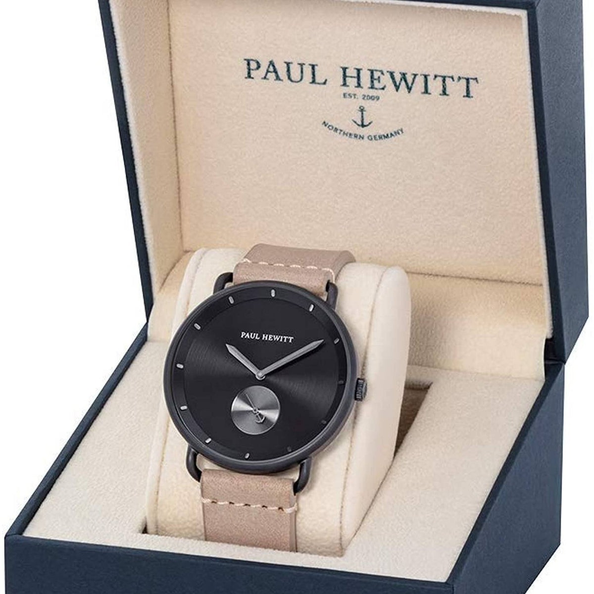 PAUL HEWITT Herren Armbanduhr Breakwater Black Sunray Lederarmband Sandfarben PH-BW-BGM-BS-56
