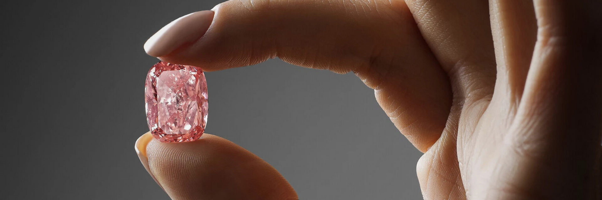 Pinker Diamant gehalten zwischen Daumen und Zeigefinger