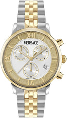 Versace Classic Round Chrono Collection Luxuriöse Damenuhr mit zweifarbigem Armband und silberfarbenem Zifferblatt