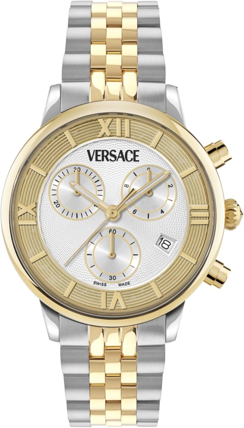 Versace Classic Round Chrono Collection Luxuriöse Damenuhr mit zweifarbigem Armband und silberfarbenem Zifferblatt