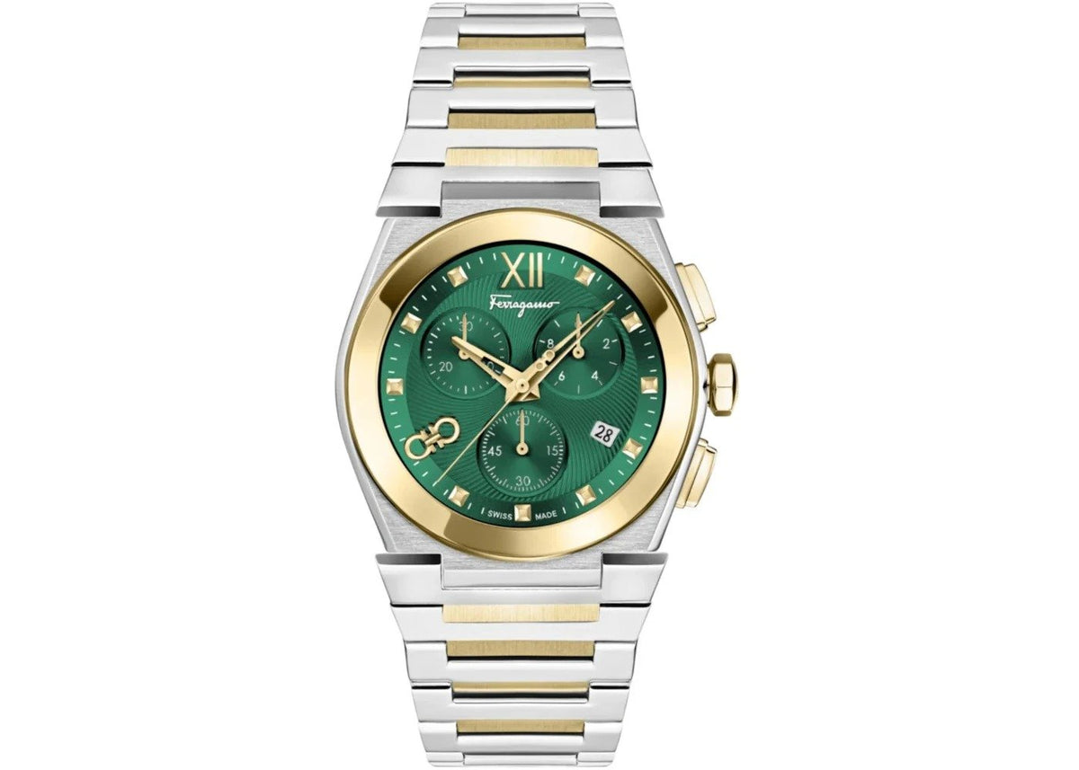 Salvatore Ferragamo Herrenuhr Vega Chrono Quarz Silber Gold Grün 40 mm SF5D00625
