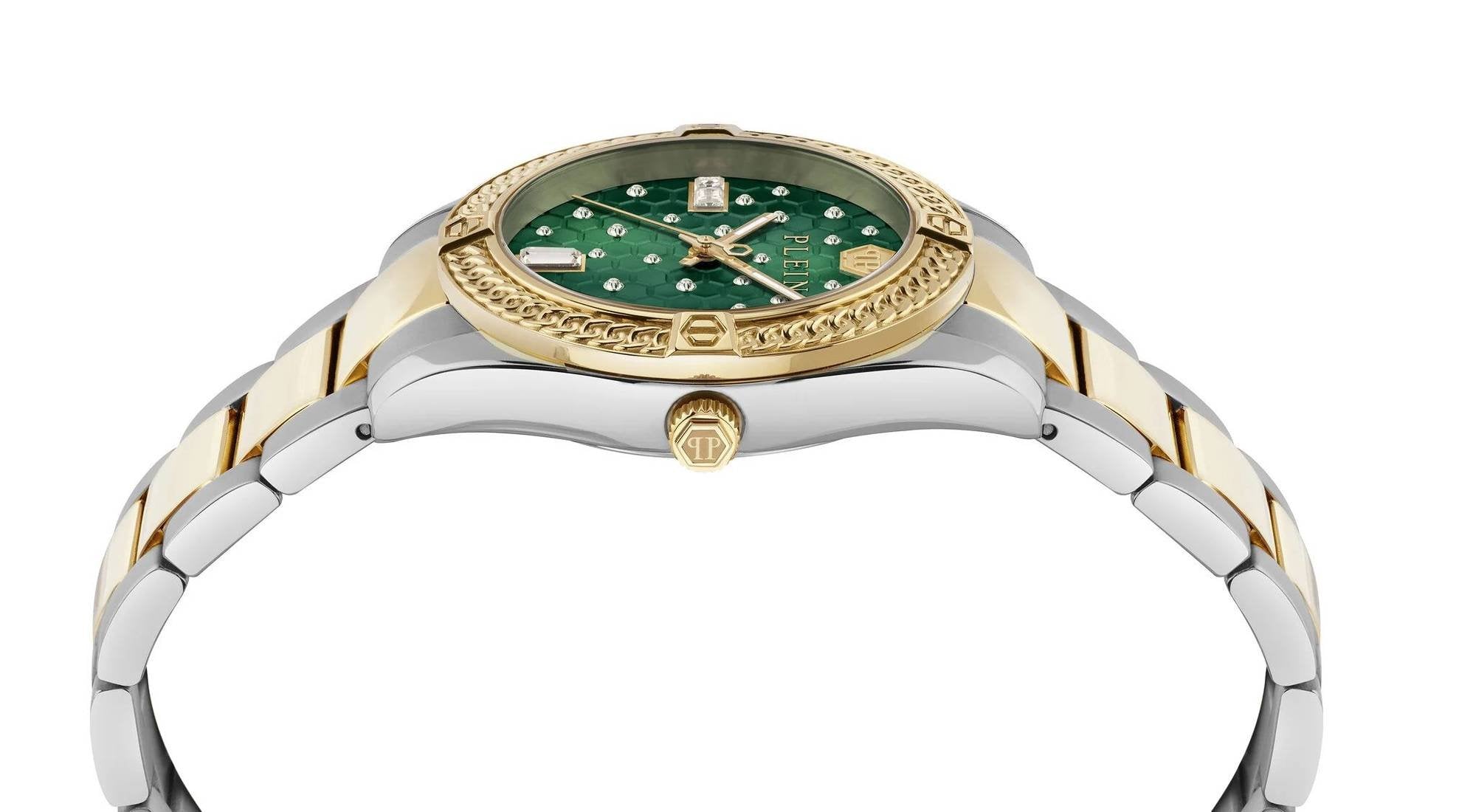 Philipp Plein Uhr Damen Plein Icon Chain Grün‑Gold PW1FA0325