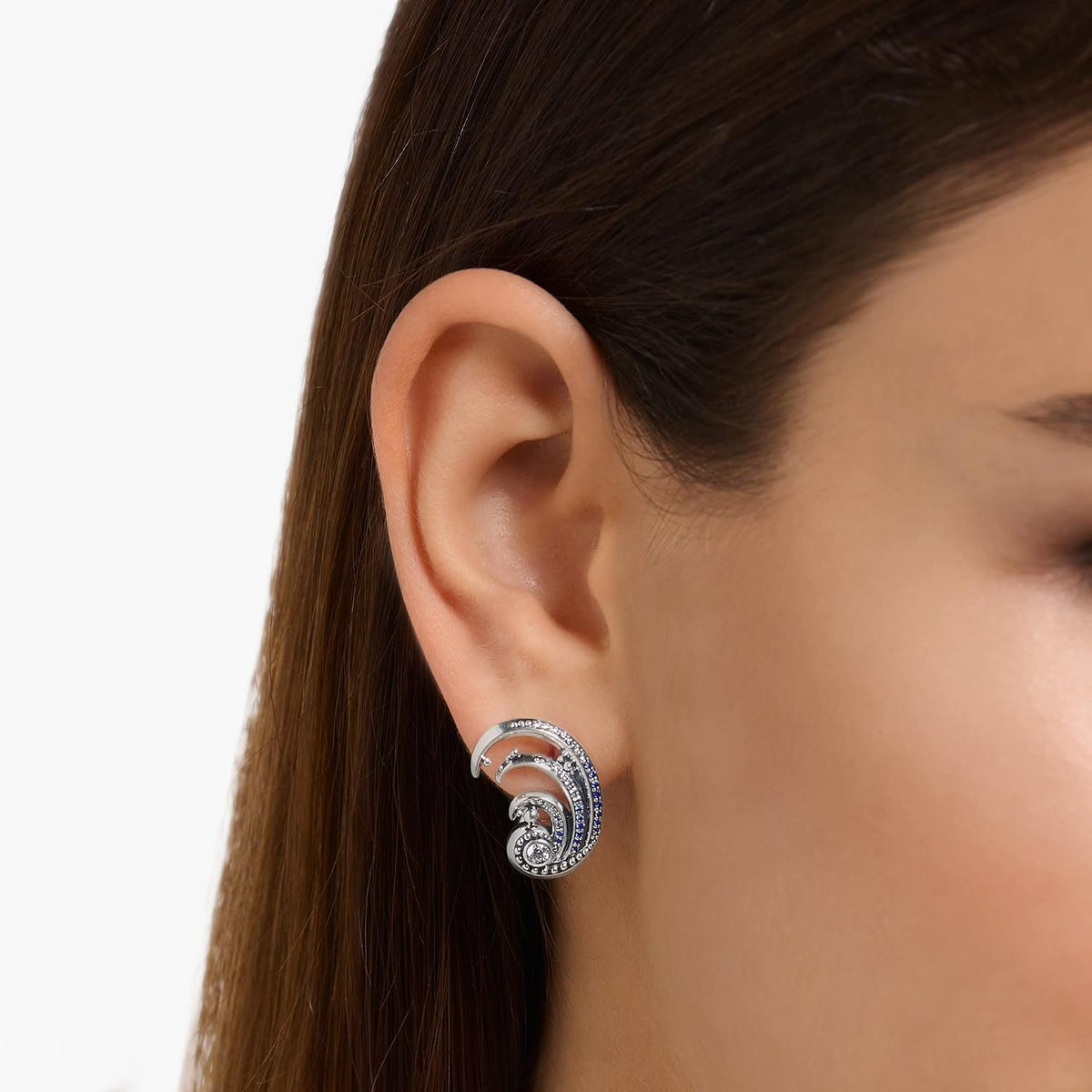 THOMAS SABO Ohrclip Welle mit blauen Steinen 925 Sterlingsilber, Geschwärzt