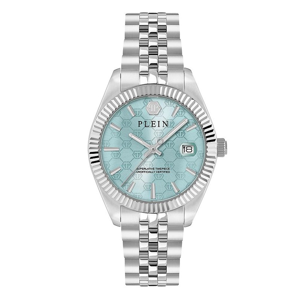 Philipp Plein Damenuhr Date Superlative Silberfarben, Hellblau PWYFA0726