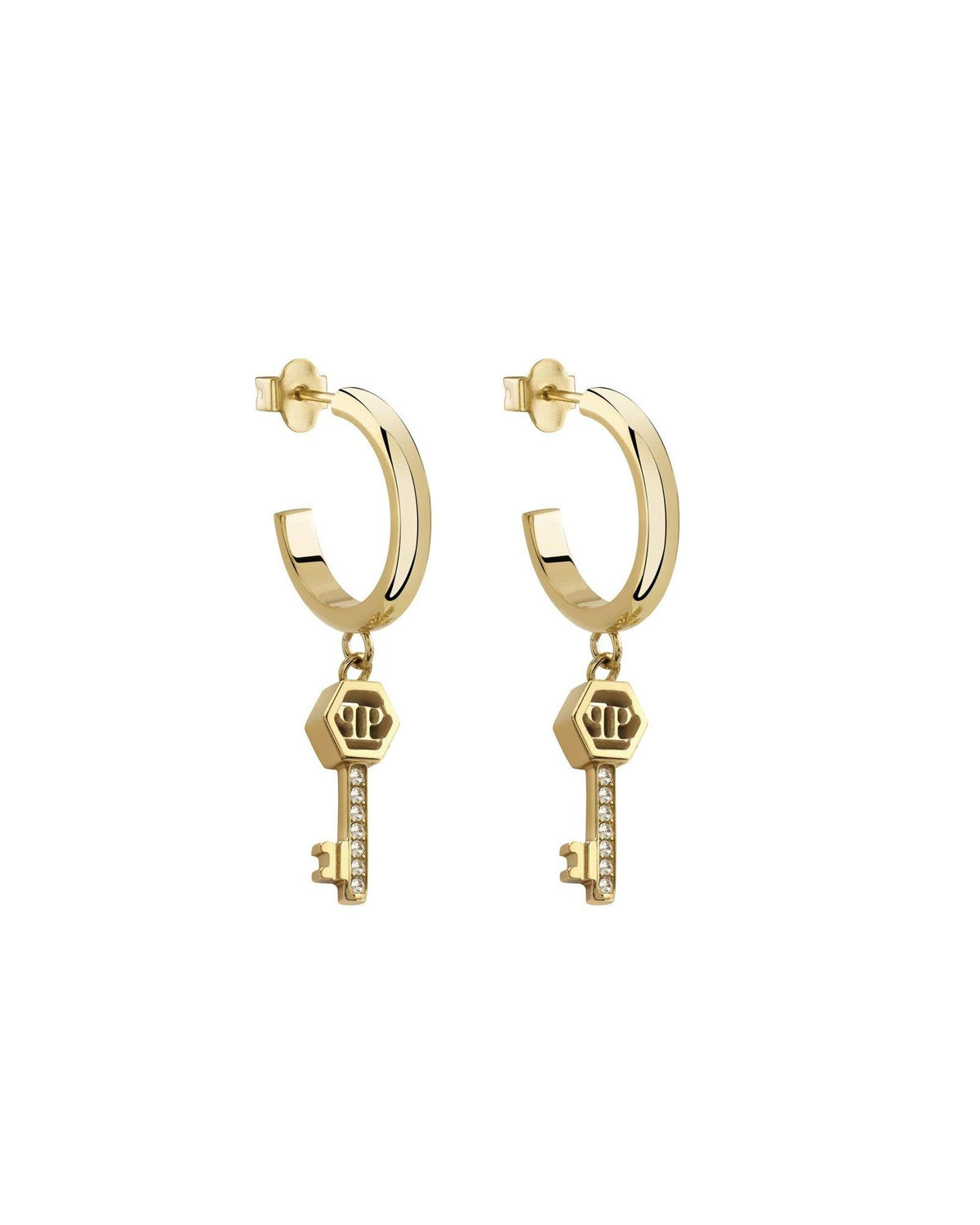Philipp Plein Damen LADY VALENTINE IP Yellow Gold White Crystals Key Hoop Earrings PJHGA21EU