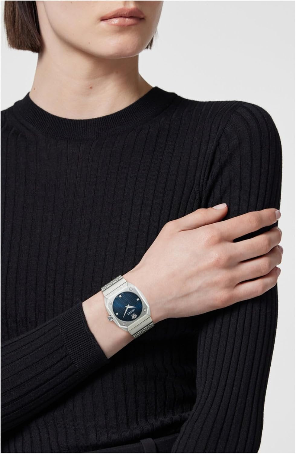 Versace Antares Damenuhr, Swiss Made Luxus-Designer-Uhr mit blauem, mattem Zifferblatt, 37 mm Edelstahlgehäuse, silbernes Armband, Faltschließe, 5 ATM