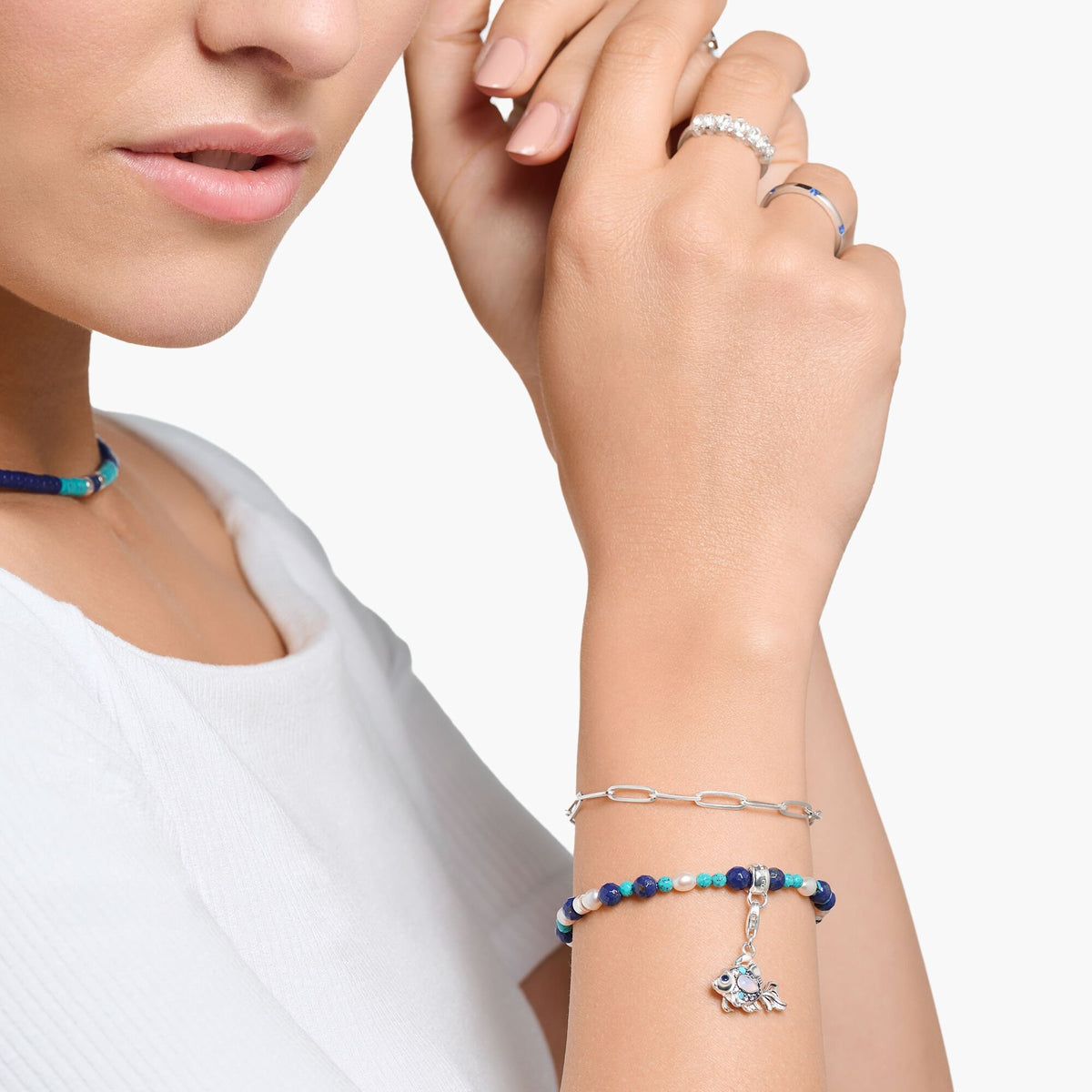 Thomas Sabo Charm-Anhänger Fisch 925 Sterlingsilber geschwärzt Glas-Keramik Stein pink Opalsynthetischer Spinell Zirkonia