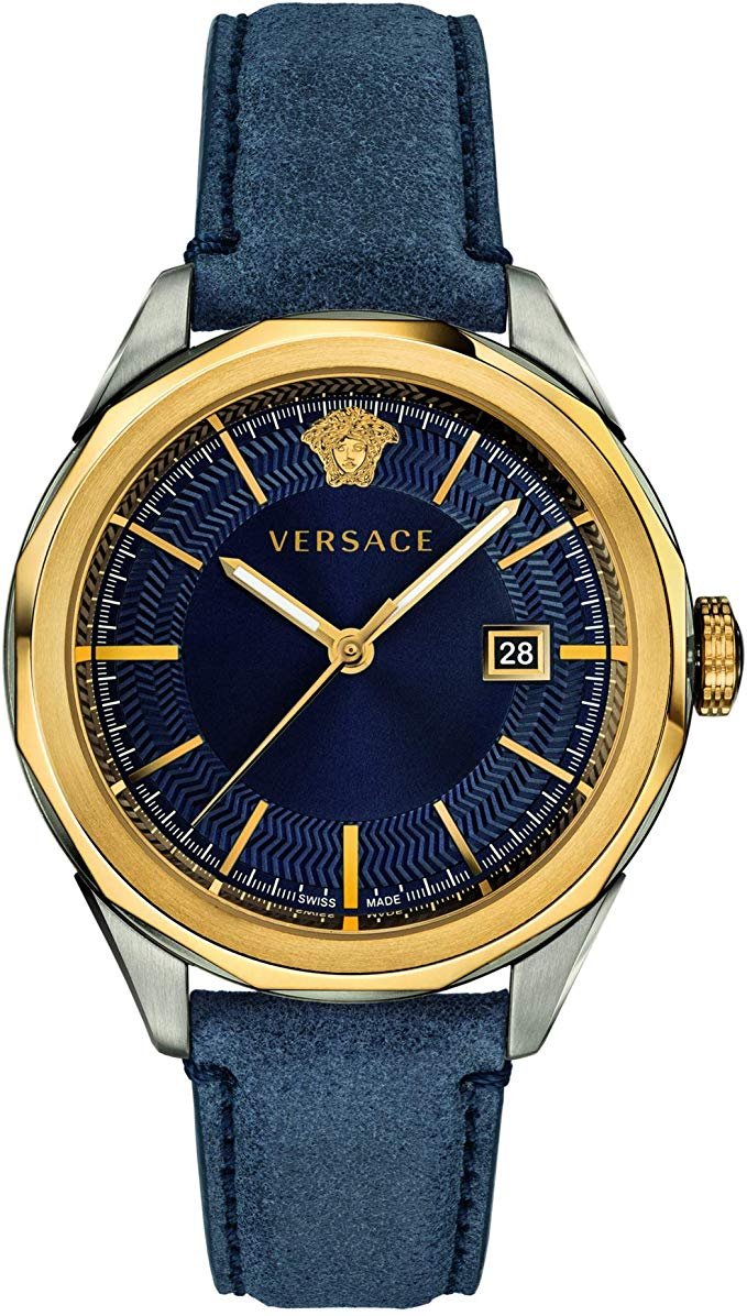 Versace Glaze Herrenuhr Blaues Leder Gold Stahlgehäuse 43mm VERA00218