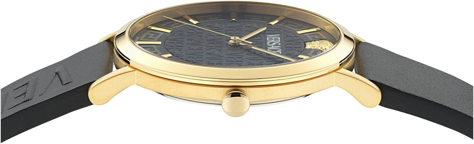 Versace Herren Uhr Greca Slim Gold Schwarz Leder VE8Q00224