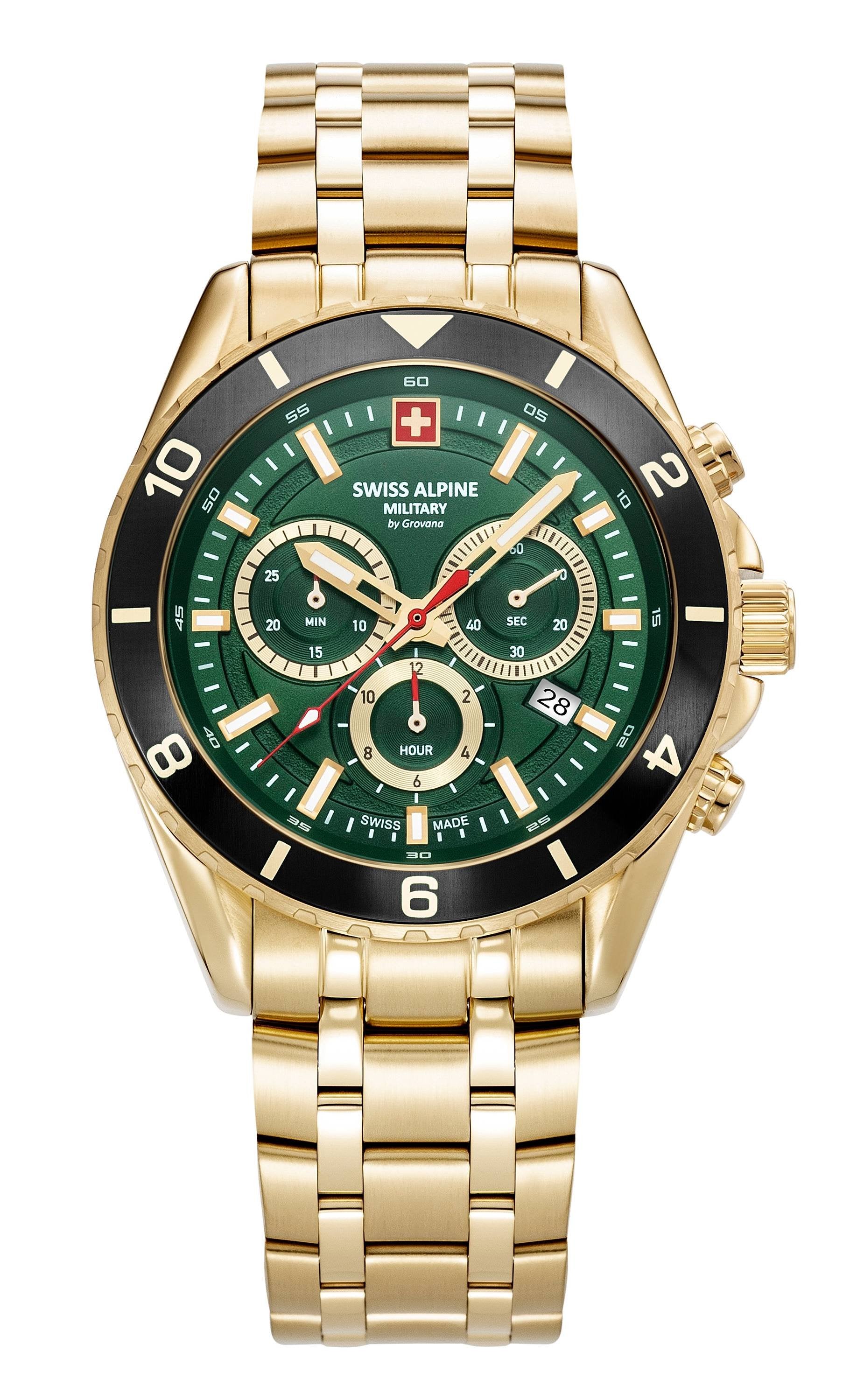 Swiss Alpine Military 7034.9118  Sierra Chrono Herrenuhr - Edelstahlgehäuse in Gold mit grünem Ziffernblatt 7034.9118