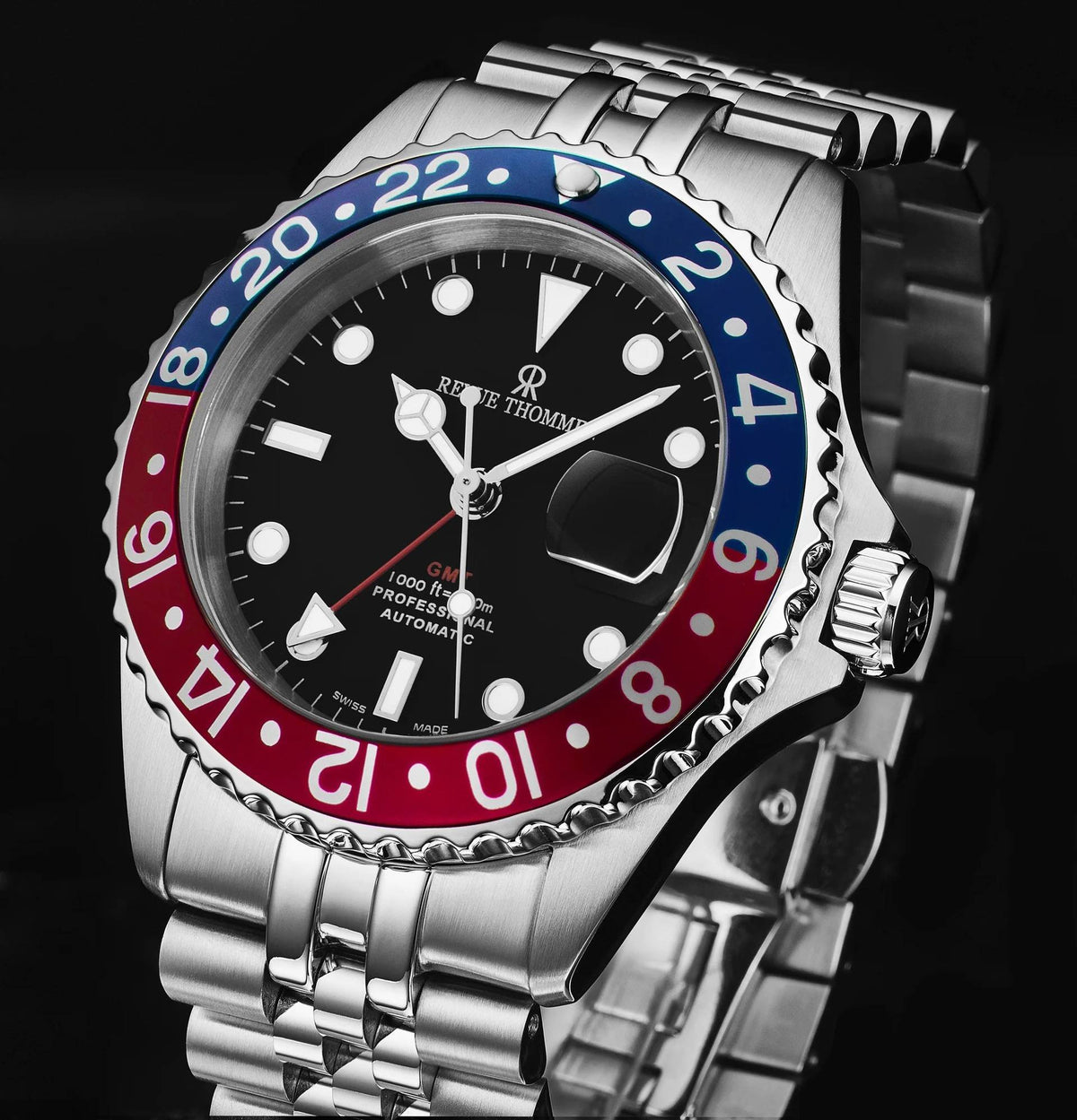 Revue Thommen Armbanduhr Automatic Diver' GMT Black Dial Blue and Red  Armband Edelstahl 17572.2235