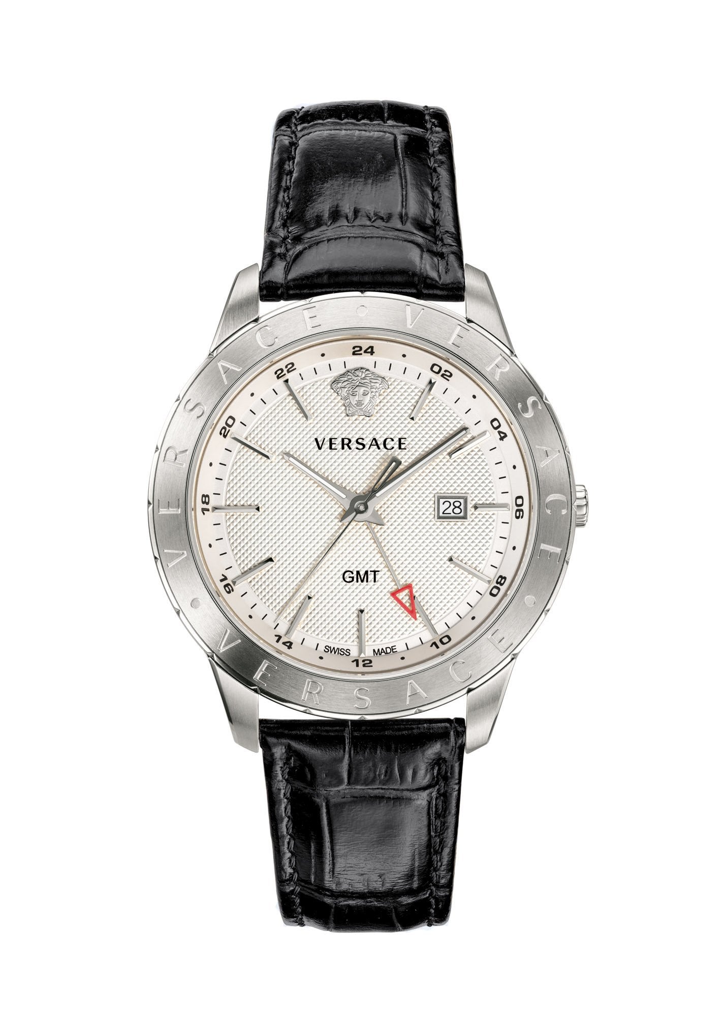 Versace Univers Herrenuhr Schwarz Leder Silber Edelstahl GMT 43mm VEBK00918