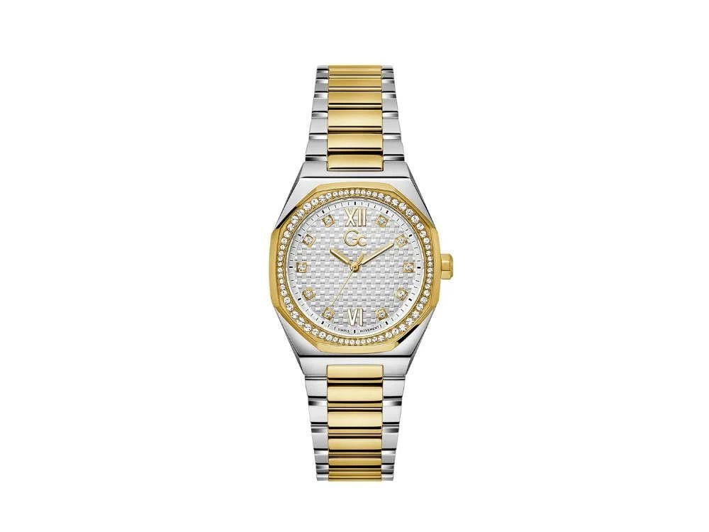 Guess Collection Damen Armbanduhr Coussin Sleek Mid Size Metall Silber Gelbgold Z25002L1MF