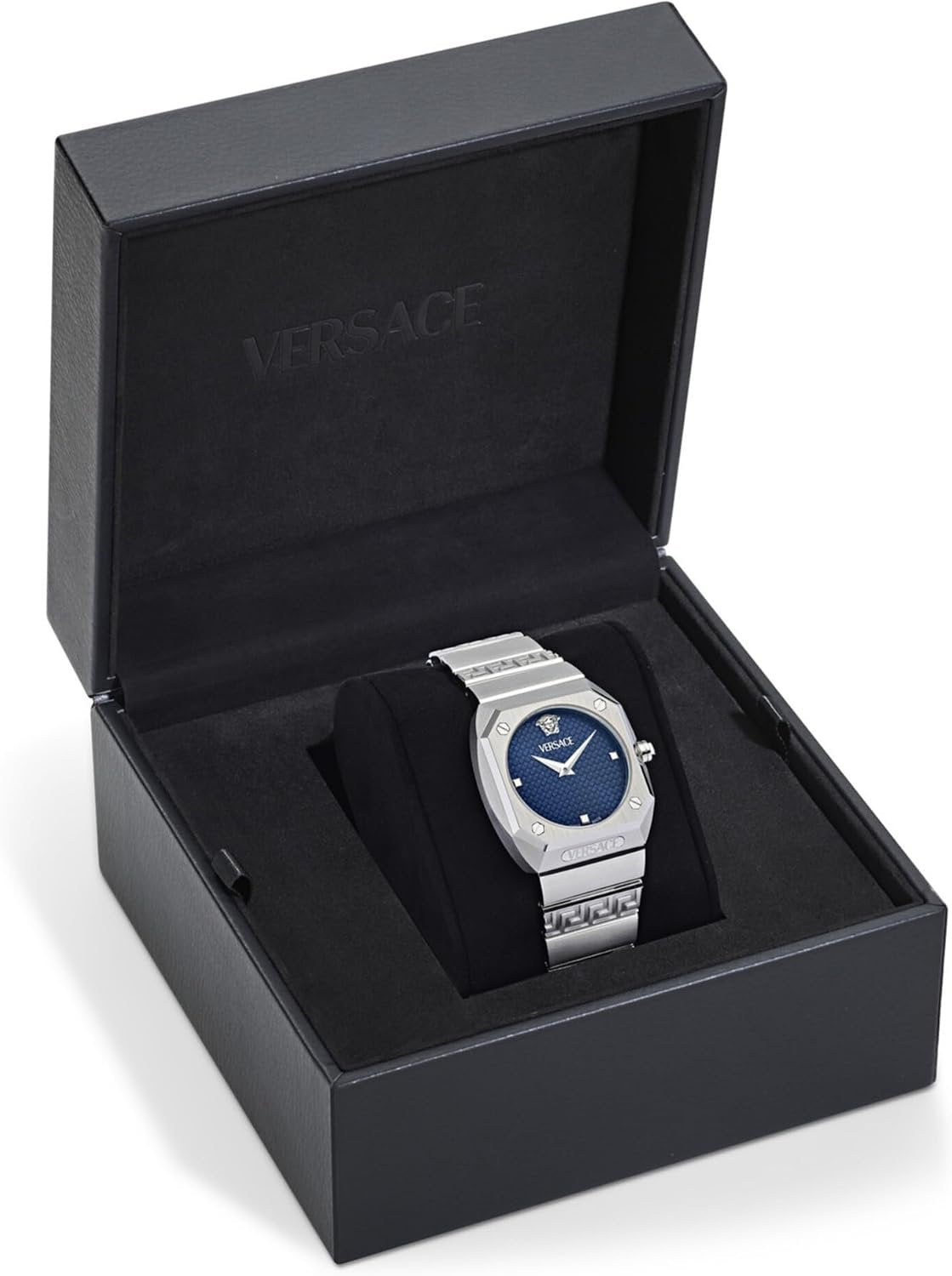 Versace Antares Damenuhr, Swiss Made Luxus-Designer-Uhr mit blauem, mattem Zifferblatt, 37 mm Edelstahlgehäuse, silbernes Armband, Faltschließe, 5 ATM