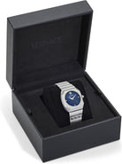 Versace Antares Damenuhr, Swiss Made Luxus-Designer-Uhr mit blauem, mattem Zifferblatt, 37 mm Edelstahlgehäuse, silbernes Armband, Faltschließe, 5 ATM