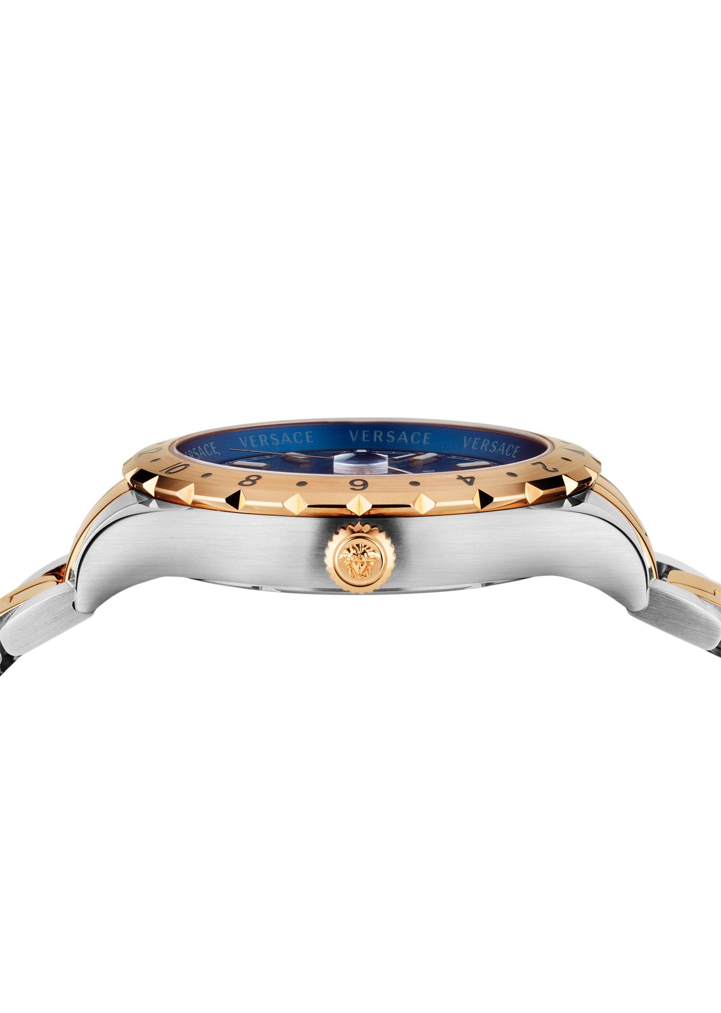 Versace Hellenyium GMT Herrenuhr Gold Silber Gehäuse Blaues Zifferblatt 42mm V11060017