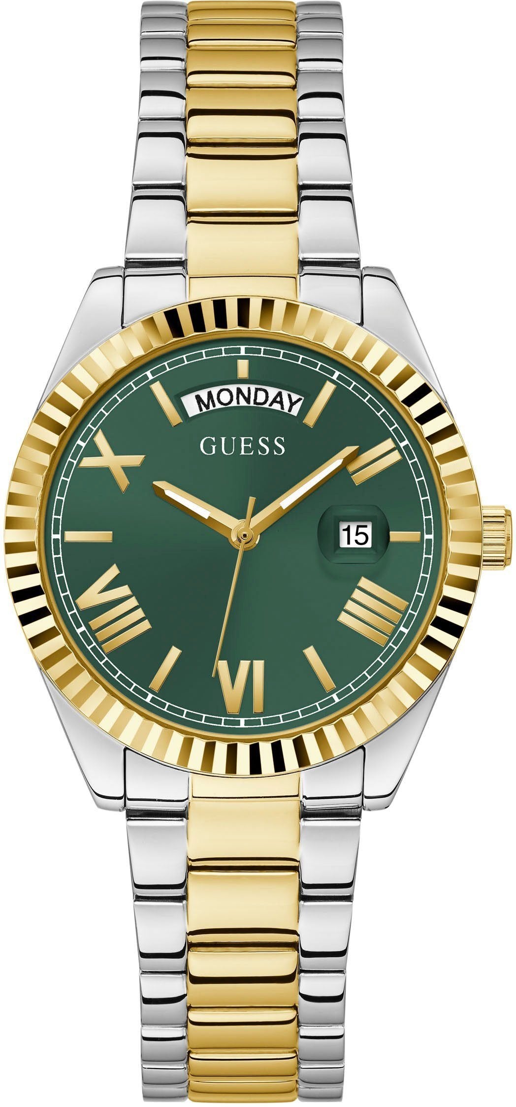 Guess Damen Armbanduhr Luna, Day/Date silber, gold 36 mm GW0308L5