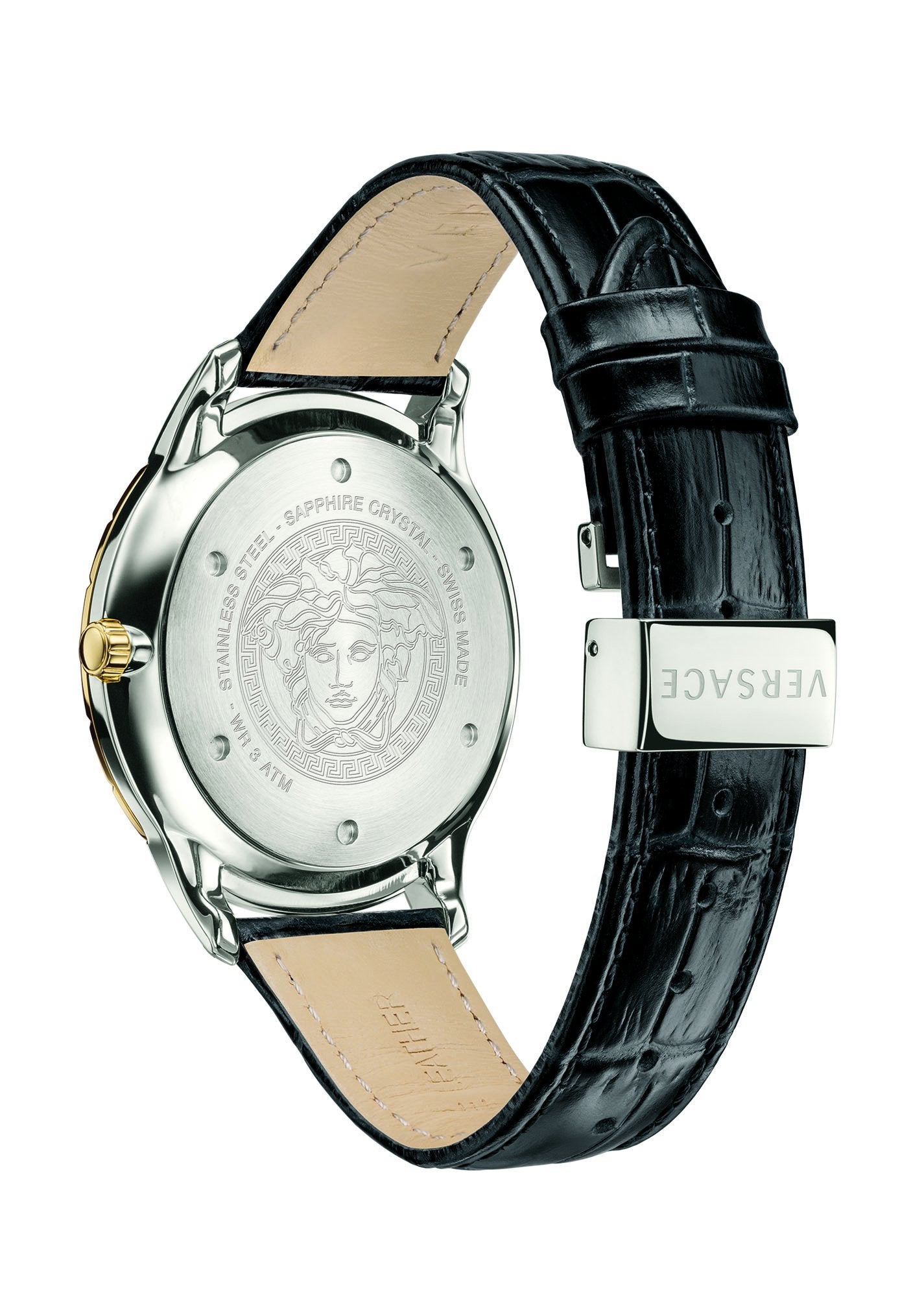 Versace Univers Herrenuhr Schwarzes Leder Gold Silber Stahl GMT 43mm VEBK00218