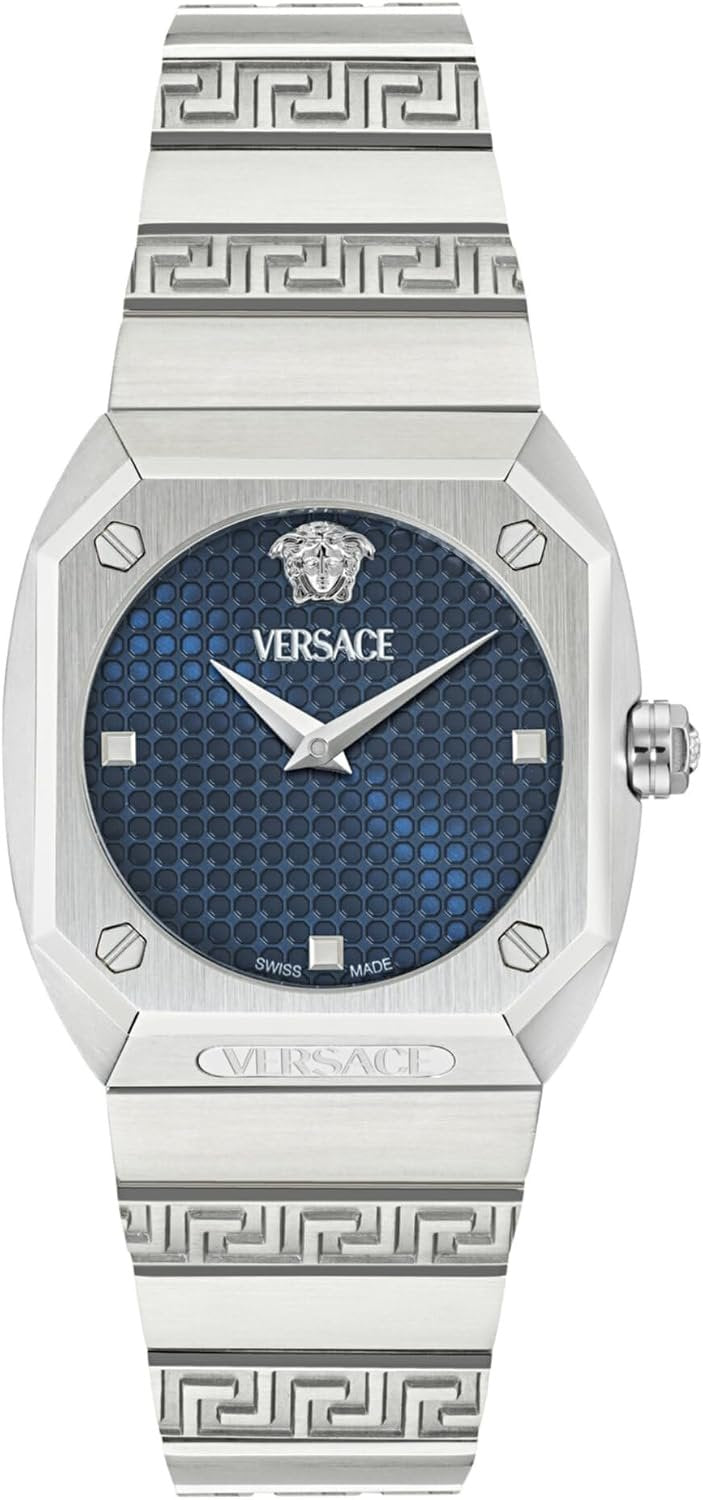 Versace Antares Damenuhr, Swiss Made Luxus-Designer-Uhr mit blauem, mattem Zifferblatt, 37 mm Edelstahlgehäuse, silbernes Armband, Faltschließe, 5 ATM