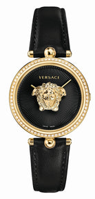 Versace Damenuhr Palazzo Empire Schwarz Leder Gold 68 Diamonds 34mm VECQ00818