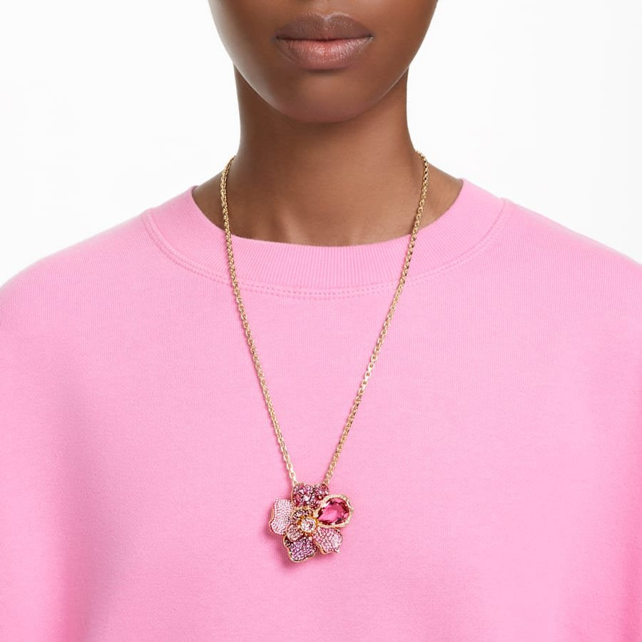 Swarovski Damen Halskette Idyllia Anhänger und Brosche Pavé, Blume, Rosa, Goldlegierungsschicht 5652068