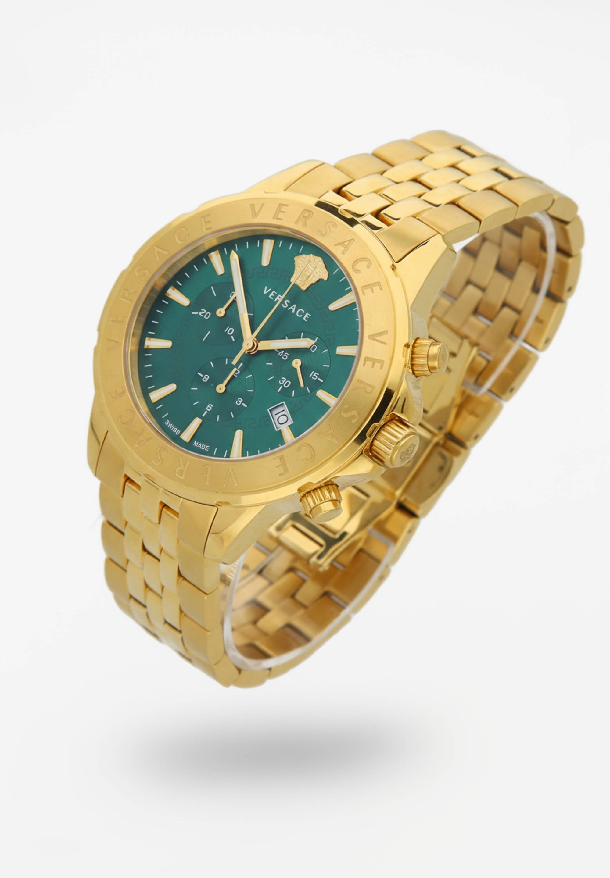 Versace Herren  Chronograph Signature Gold Stahl Grün Zifferblatt 44mm VEV600619