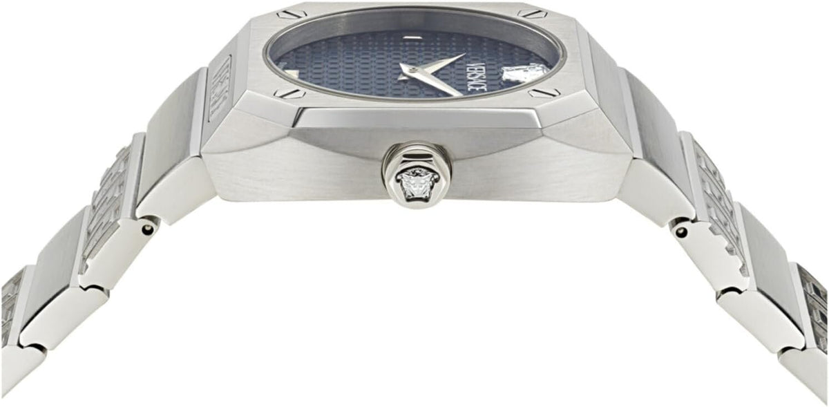 Versace Antares Damenuhr, Swiss Made Luxus-Designer-Uhr mit blauem, mattem Zifferblatt, 37 mm Edelstahlgehäuse, silbernes Armband, Faltschließe, 5 ATM