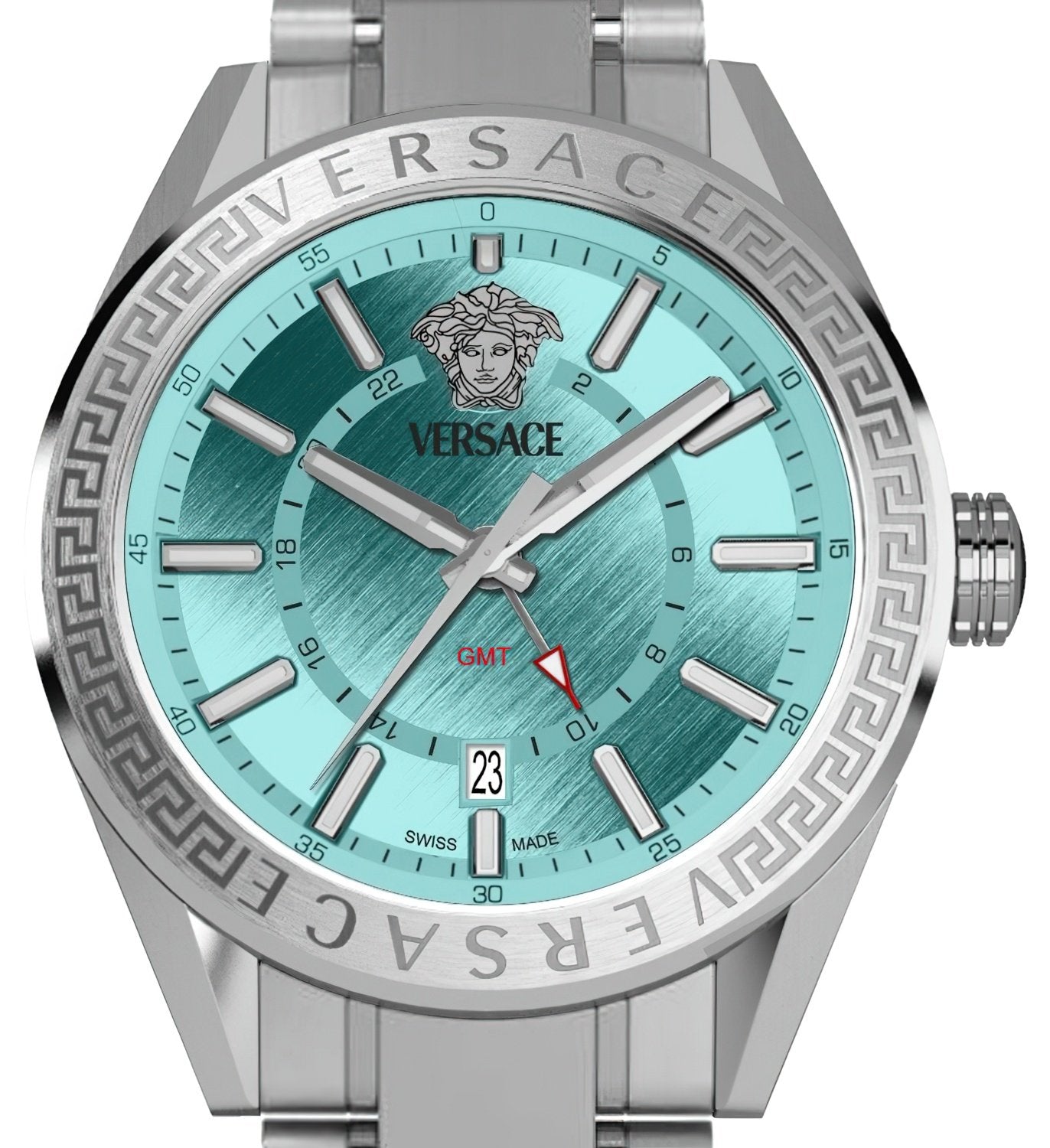 Versace Herren Armbanduhr V-Code GMT 42 mm Edelstahlgehäuse - hellblaues Ziffernblatt - Edelstahlarmband VEAFA0324