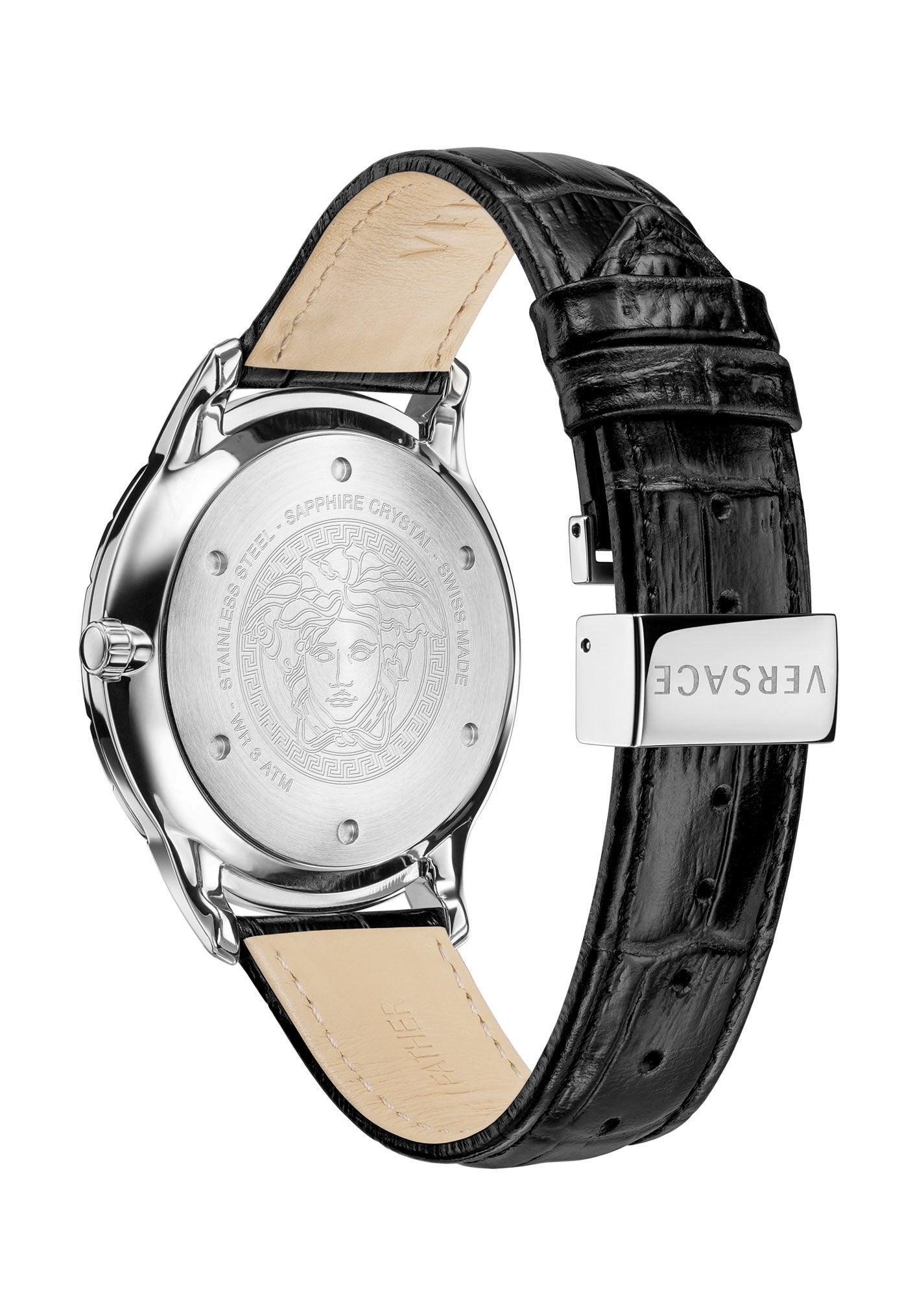 Versace Univers Herrenuhr Schwarz Leder Silber Edelstahl GMT 43mm VEBK00918