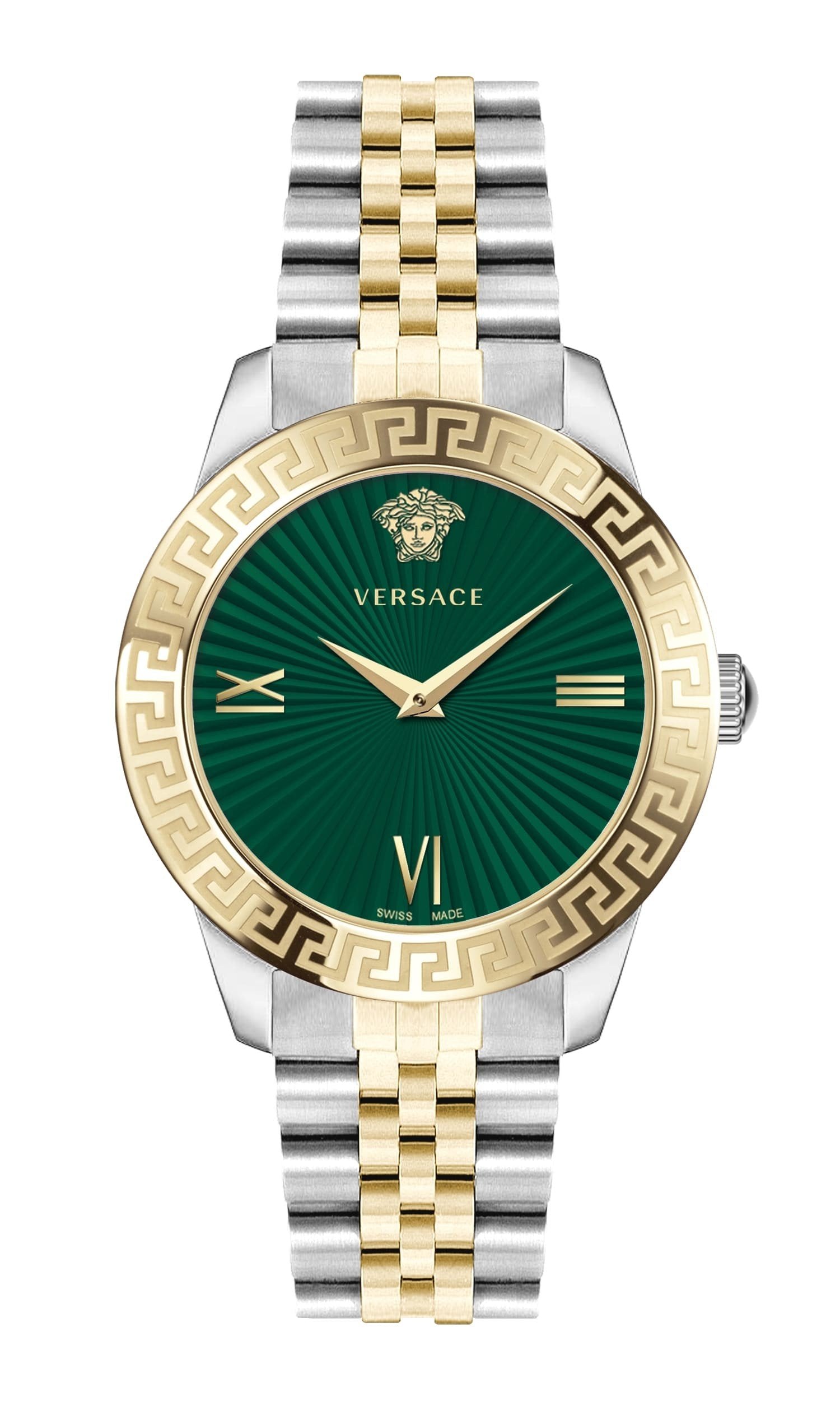 Versace Damen Armbanduhr  Greca Signature 38 mm Unterschrift Greca auf dem Etui Armband Edelstahl VEVC01021
